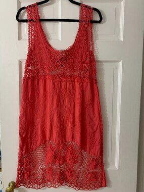 Crochet Slip style Swimsuit cover up in stunning Coral Red, "Solitaire"